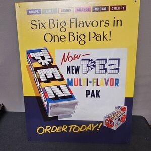 PEZ Six Big Flavors Metal Sign Vtg Style 16 x 12.5 Tin 2002 New Pez Multi-flavor